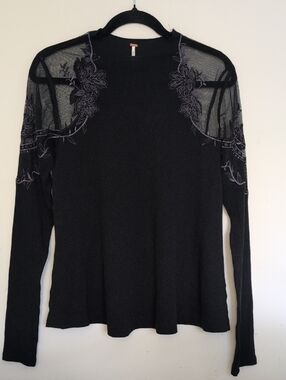 Free People Black Long Sleeve Top with Sheer Floral Yoke